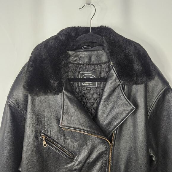 Vtg 90s Tannery West Black Leather Jacket Mens Large Belted Coat Faux Fur Trim - Picture 2 of 14